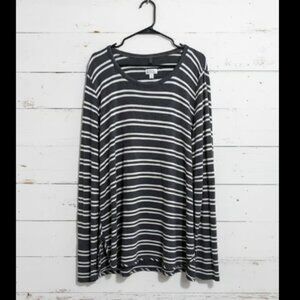 Market & Spruce 2X Plus Size Gray White Stripe Long Sleeve Top